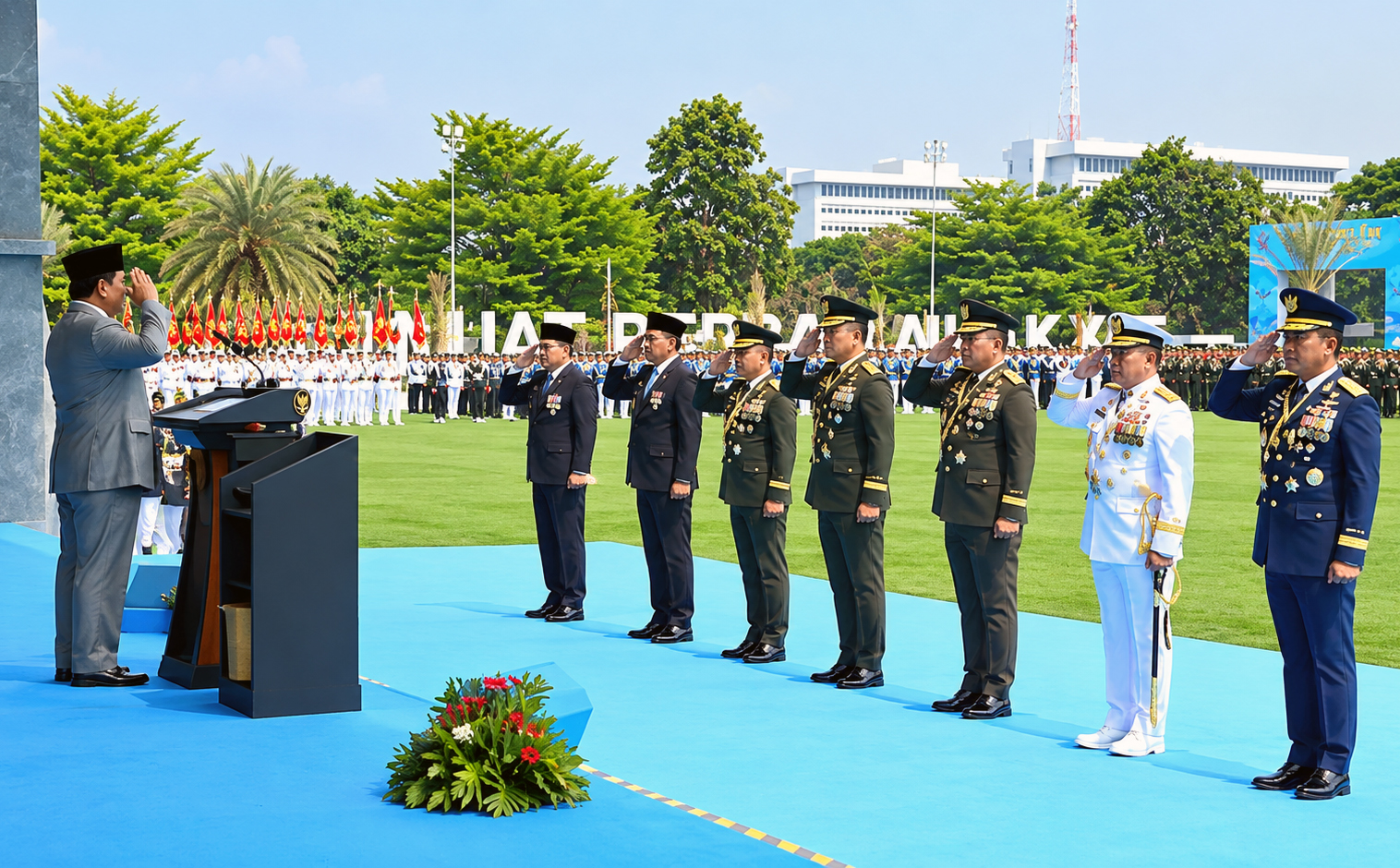 Presiden Republik Indonesia Prabowo Subianto menyematkan tanda kehormatan kepada sejumlah Tokoh dan pejabat TNI dalam rangkaian peringatan HUT ke-81 TNI di Lapangan Prima, Mabes TNI, Cilangkap, Jakarta, Senin (5/10/2026). MBCIndonesia.com